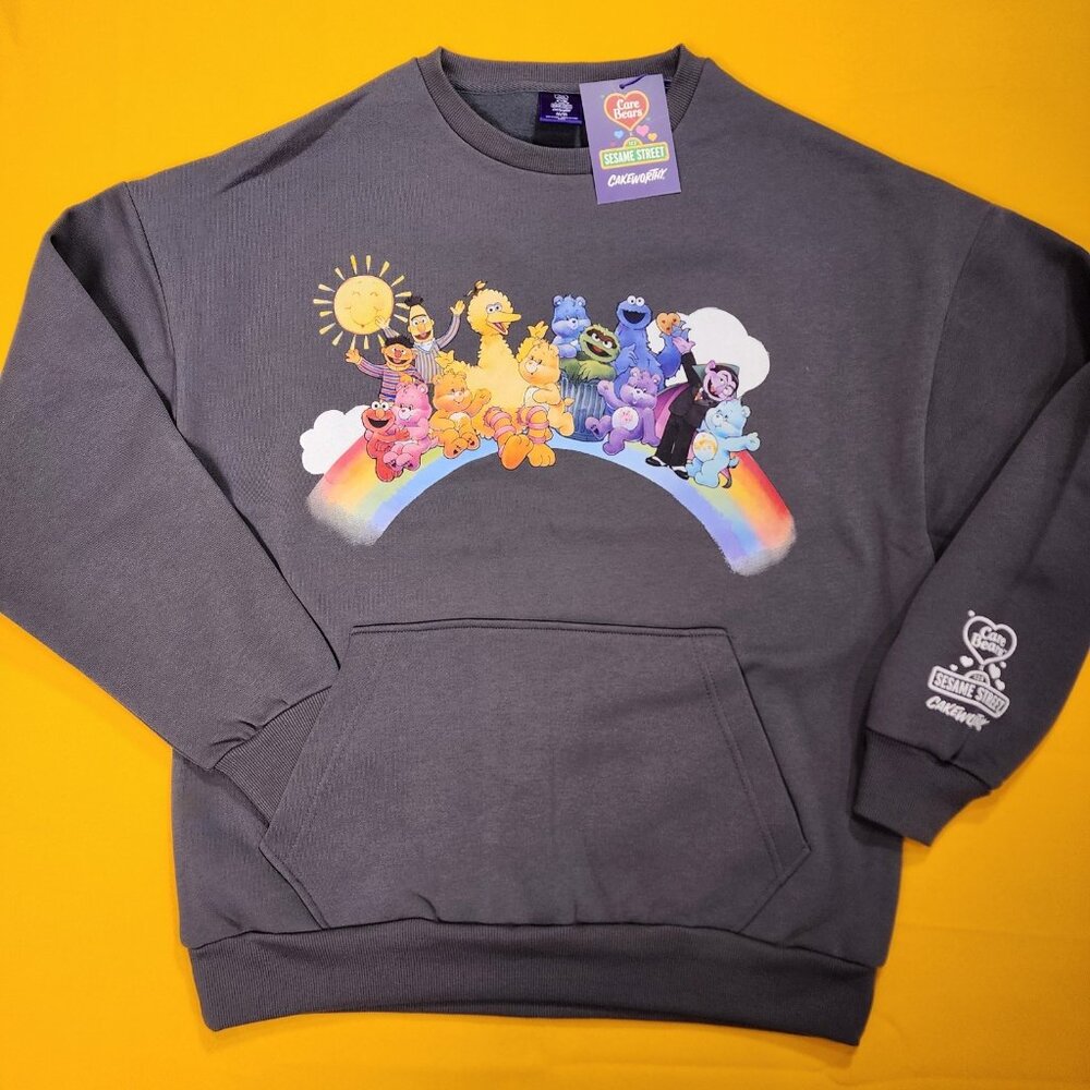 Cakeworthy Care Bears X Sesame Street Crewneck Sweatshirt Pull Over Grey M NEW